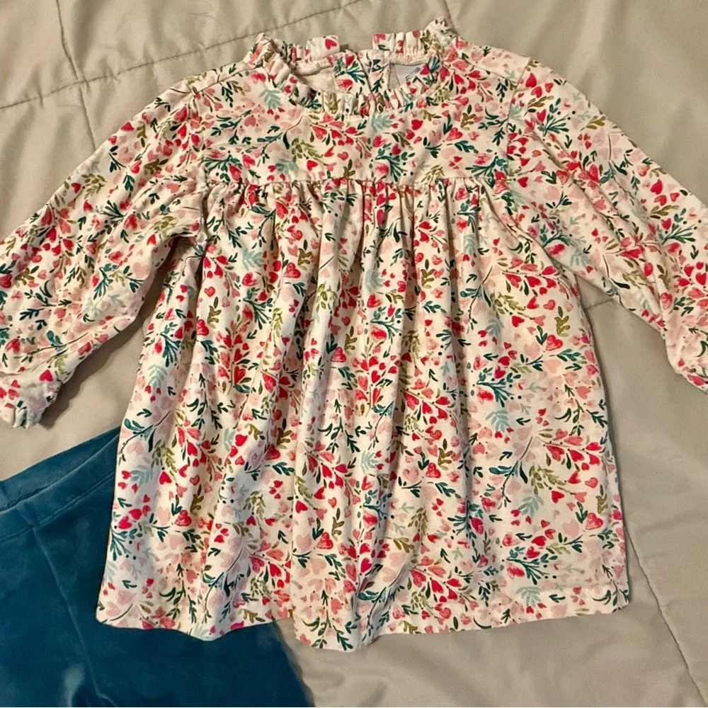 Girl’s S 5/6 Mixed Set Tea Collection Boutique Tunic Top & Teal Velour Leggings - Picture 2 of 4